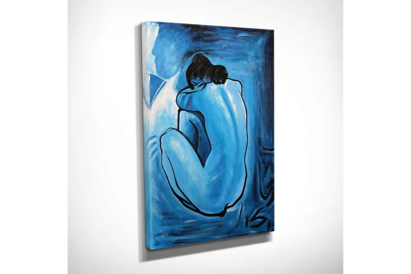 Lite lerretsbilde 30x40 cm - Naken figur i beskyttende stilling - Blå / Lyseblå / Svart - Interiør - Maleri & posters - Lerretsbilder