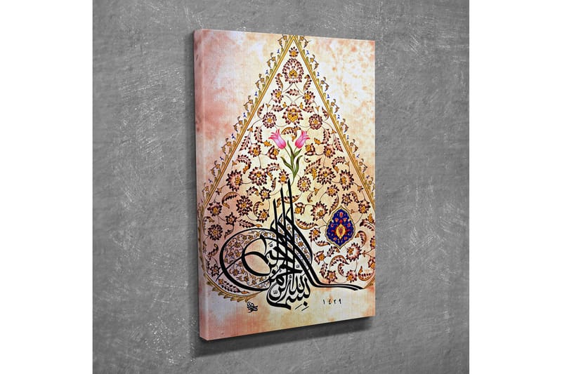 Lite lerretsbilde 30x40 cm - Ornamental komposisjon med kalligrafi og blomster - Rosa / Gull / Mørk blå - Interiør - Maleri & posters - Lerretsbilder