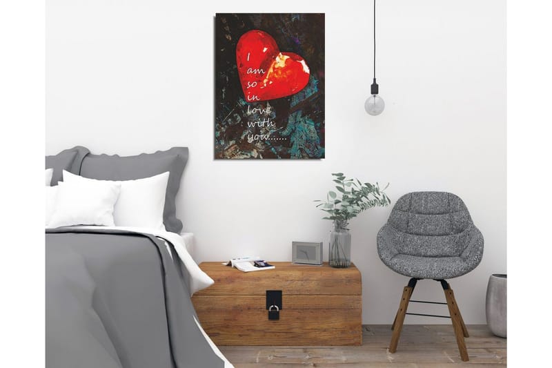 Lite lerretsbilde 30x40 cm - Rød hjerteform med romantisk tekst - Rød / Svart / Grønn - Interiør - Maleri & posters - Lerretsbilder