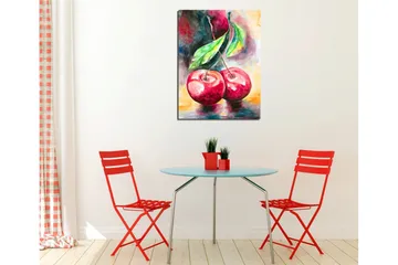 Lite lerretsbilde 30x40 cm - Rød kirsebærduo med grønne blader - Rød / Grønn / Gul - Interiør - Maleri & posters - Lerretsbilder
