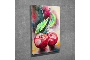 Lite lerretsbilde 30x40 cm - Rød kirsebærduo med grønne blader - Rød / Grønn / Gul - Interiør - Maleri & posters - Lerretsbilder