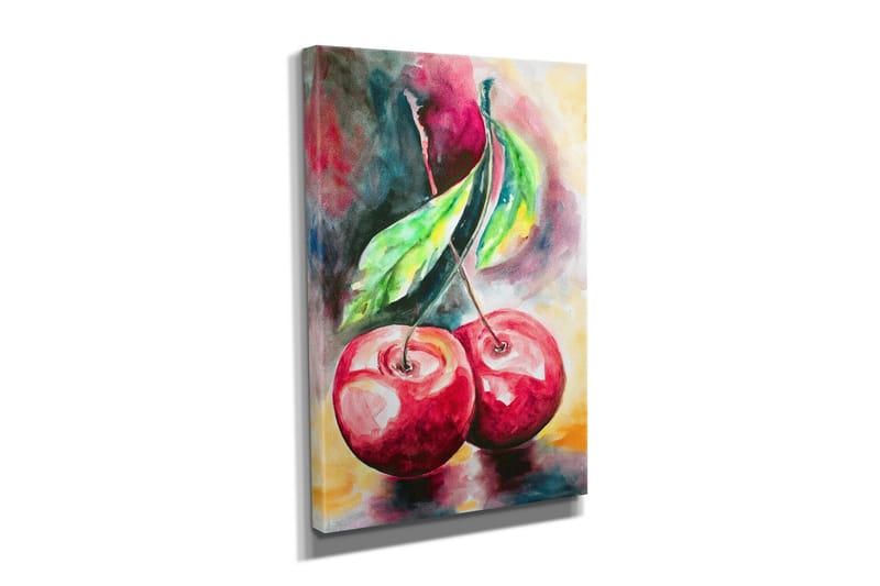 Lite lerretsbilde 30x40 cm - Rød kirsebærduo med grønne blader - Rød / Grønn / Gul - Interiør - Maleri & posters - Lerretsbilder