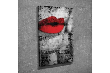 Lite lerretsbilde 30x40 cm - Rød leppe mot svart og hvit bakgrunn med tekst og mønster - Rød / Svart / Hvit - Interiør - Maleri & posters - Lerretsbilder