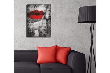 Lite lerretsbilde 30x40 cm - Rød leppe mot svart og hvit bakgrunn med tekst og mønster - Rød / Svart / Hvit - Interiør - Maleri & posters - Lerretsbilder