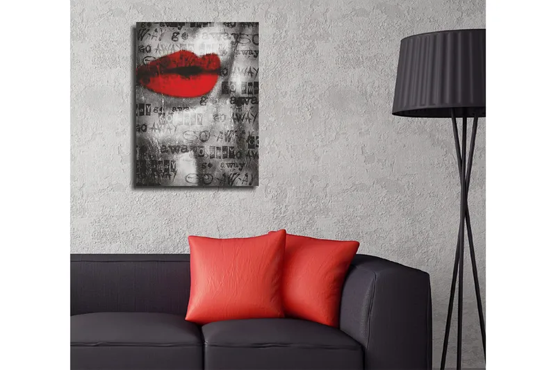 Lite lerretsbilde 30x40 cm - Rød leppe mot svart og hvit bakgrunn med tekst og mønster - Rød / Svart / Hvit - Interiør - Maleri & posters - Lerretsbilder