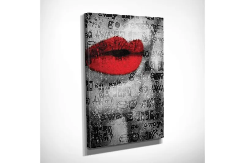 Lite lerretsbilde 30x40 cm - Rød leppe mot svart og hvit bakgrunn med tekst og mønster - Rød / Svart / Hvit - Interiør - Maleri & posters - Lerretsbilder