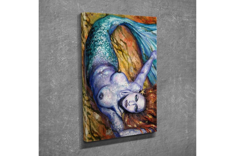 Lite lerretsbilde 30x40 cm - Sirene med skimrende fiskehale og rødbrunt hår liggende på en klippe - Turkis / Lilla / Rødbrun - Interiør - Maleri & posters - Lerretsbilder