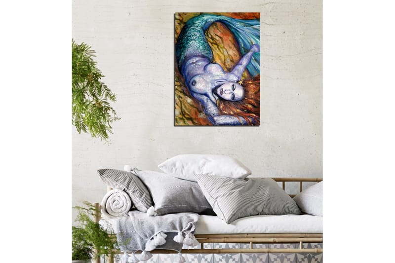 Lite lerretsbilde 30x40 cm - Sirene med skimrende fiskehale og rødbrunt hår liggende på en klippe - Turkis / Lilla / Rødbrun - Interiør - Maleri & posters - Lerretsbilder