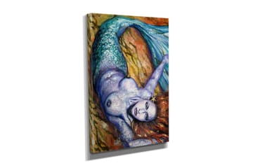 Lite lerretsbilde 30x40 cm - Sirene med skimrende fiskehale og rødbrunt hår liggende på en klippe - Turkis / Lilla / Rødbrun - Interiør - Maleri & posters - Lerretsbilder