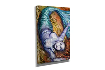 Lite lerretsbilde 30x40 cm - Sirene med skimrende fiskehale og rødbrunt hår liggende på en klippe - Turkis / Lilla / Rødbrun - Interiør - Maleri & posters - Lerretsbilder