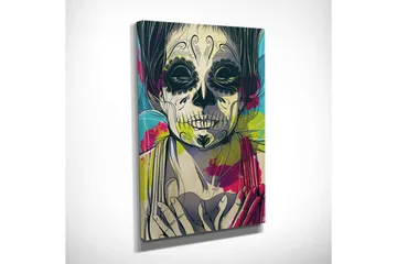 Lite lerretsbilde 30x40 cm - Skulptur av en kvinne med skjelettansikt og blomster i bakgrunnen - Svart / Rosa / Grønn - Interiør - Maleri & posters - Lerretsbilder