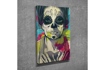 Lite lerretsbilde 30x40 cm - Skulptur av en kvinne med skjelettansikt og blomster i bakgrunnen - Svart / Rosa / Grønn - Interiør - Maleri & posters - Lerretsbilder