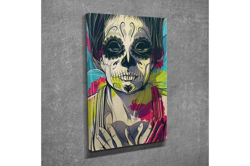 Lite lerretsbilde 30x40 cm - Skulptur av en kvinne med skjelettansikt og blomster i bakgrunnen - Svart / Rosa / Grønn - Interiør - Maleri & posters - Lerretsbilder