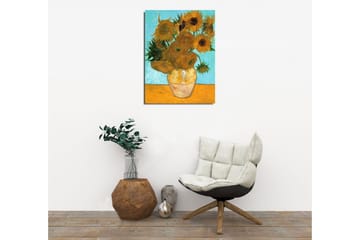 Lite lerretsbilde 30x40 cm - Solsikker i vase med lyseblå bakgrunn - Gul / Grønn / Oransje - Interiør - Maleri & posters - Lerretsbilder