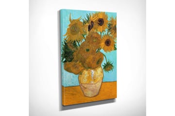 Lite lerretsbilde 30x40 cm - Solsikker i vase med lyseblå bakgrunn - Gul / Grønn / Oransje - Interiør - Maleri & posters - Lerretsbilder