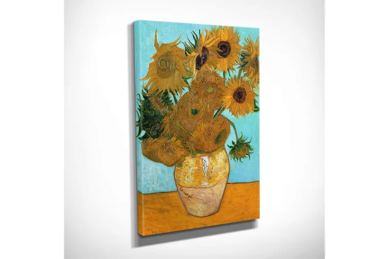Lite lerretsbilde 30x40 cm - Solsikker i vase med lyseblå bakgrunn - Gul / Grønn / Oransje - Interiør - Maleri & posters - Lerretsbilder