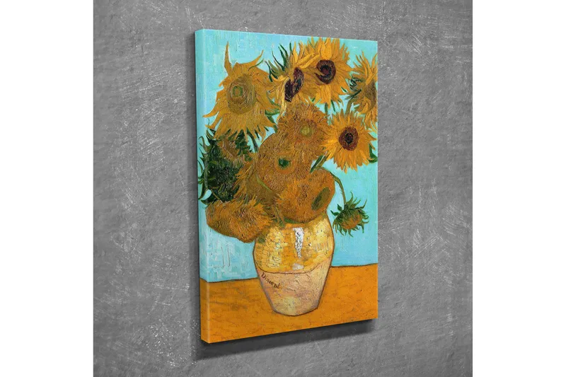 Lite lerretsbilde 30x40 cm - Solsikker i vase med lyseblå bakgrunn - Gul / Grønn / Oransje - Interiør - Maleri & posters - Lerretsbilder