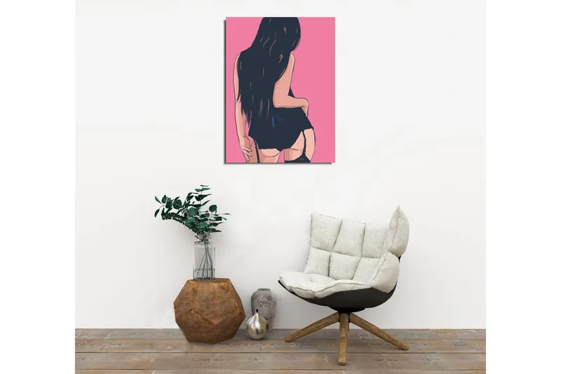 Lite lerretsbilde 30x40 cm - Stilisert kvinne med langt hår i en suggestiv positur - Mørk blå / Rosa - Interiør - Maleri & posters - Lerretsbilder