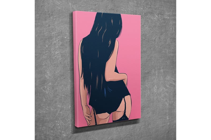 Lite lerretsbilde 30x40 cm - Stilisert kvinne med langt hår i en suggestiv positur - Mørk blå / Rosa - Interiør - Maleri & posters - Lerretsbilder