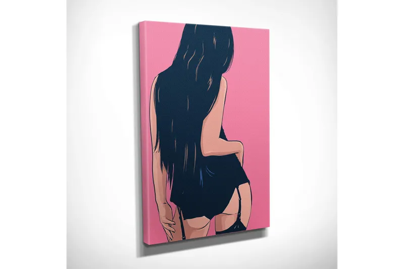 Lite lerretsbilde 30x40 cm - Stilisert kvinne med langt hår i en suggestiv positur - Mørk blå / Rosa - Interiør - Maleri & posters - Lerretsbilder