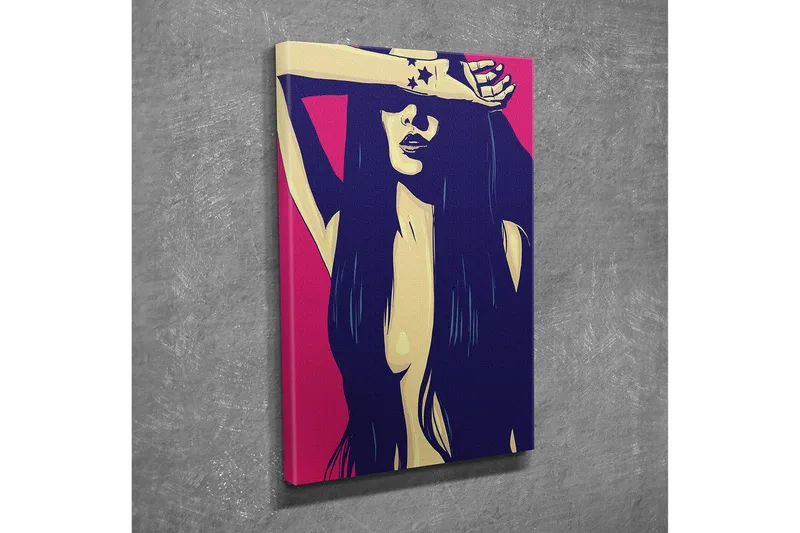 Lite lerretsbilde 30x40 cm - Stilisert kvinne med langt hår som beskytter ansiktet med armen - Mørk blå / Rosa / Beige - Interiør - Maleri & posters - Lerretsbilder