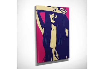 Lite lerretsbilde 30x40 cm - Stilisert kvinne med langt hår som beskytter ansiktet med armen - Mørk blå / Rosa / Beige - Interiør - Maleri & posters - Lerretsbilder