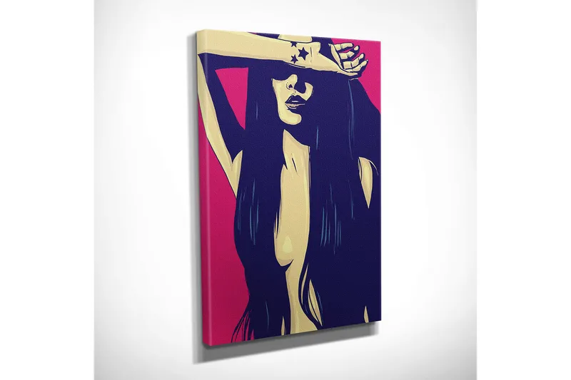 Lite lerretsbilde 30x40 cm - Stilisert kvinne med langt hår som beskytter ansiktet med armen - Mørk blå / Rosa / Beige - Interiør - Maleri & posters - Lerretsbilder