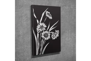 Lite lerretsbilde 30x40 cm - Svart-hvitt blomsterkomposisjon med stiliserte blomster og grøntområder - Svart / Hvit - Interiør - Maleri & posters - Lerretsbilder