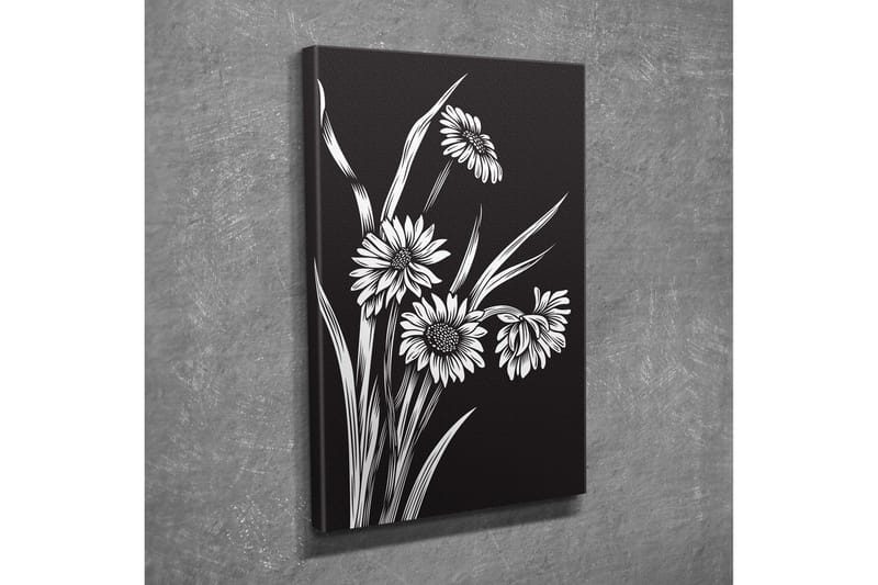 Lite lerretsbilde 30x40 cm - Svart-hvitt blomsterkomposisjon med stiliserte blomster og grøntområder - Svart / Hvit - Interiør - Maleri & posters - Lerretsbilder