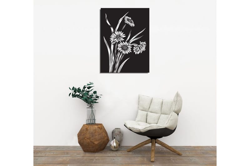 Lite lerretsbilde 30x40 cm - Svart-hvitt blomsterkomposisjon med stiliserte blomster og grøntområder - Svart / Hvit - Interiør - Maleri & posters - Lerretsbilder