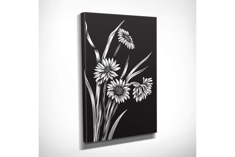 Lite lerretsbilde 30x40 cm - Svart-hvitt blomsterkomposisjon med stiliserte blomster og grøntområder - Svart / Hvit - Interiør - Maleri & posters - Lerretsbilder