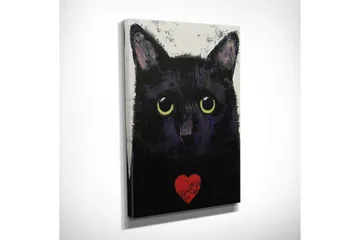 Lite lerretsbilde 30x40 cm - Svart katt med store øyne og et rødt hjerte på brystet - Svart / Gul / Rød - Interiør - Maleri & posters - Lerretsbilder