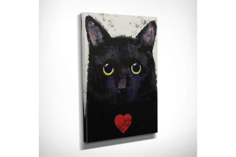 Lite lerretsbilde 30x40 cm - Svart katt med store øyne og et rødt hjerte på brystet - Svart / Gul / Rød - Interiør - Maleri & posters - Lerretsbilder