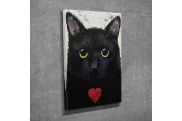 Lite lerretsbilde 30x40 cm - Svart katt med store øyne og et rødt hjerte på brystet - Svart / Gul / Rød - Interiør - Maleri & posters - Lerretsbilder