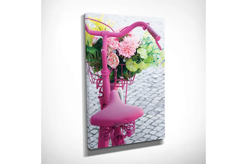 Lite lerretsbilde 30x40 cm - Sykkel med fargerik blomsterkurv - Rosa / Grønn / Gul - Interiør - Maleri & posters - Lerretsbilder