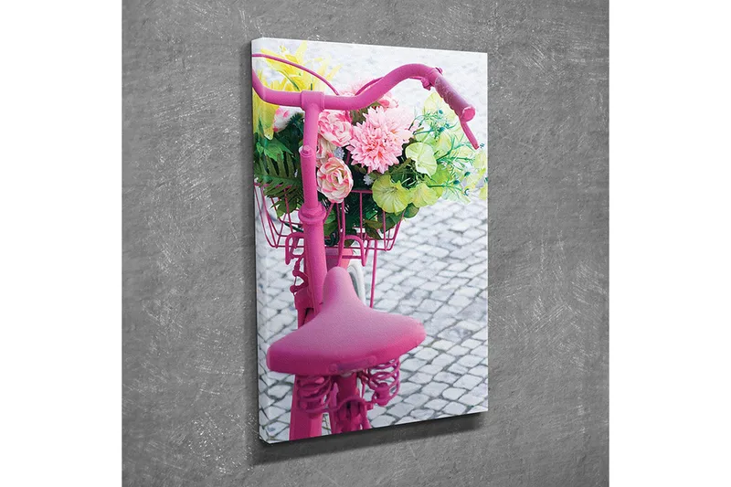 Lite lerretsbilde 30x40 cm - Sykkel med fargerik blomsterkurv - Rosa / Grønn / Gul - Interiør - Maleri & posters - Lerretsbilder