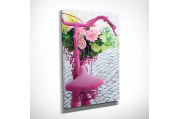 Lite lerretsbilde 30x40 cm - Sykkel med fargerik blomsterkurv - Rosa / Grønn / Gul - Interiør - Maleri & posters - Lerretsbilder