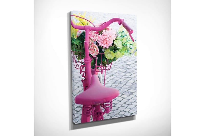 Lite lerretsbilde 30x40 cm - Sykkel med fargerik blomsterkurv - Rosa / Grønn / Gul - Interiør - Maleri & posters - Lerretsbilder