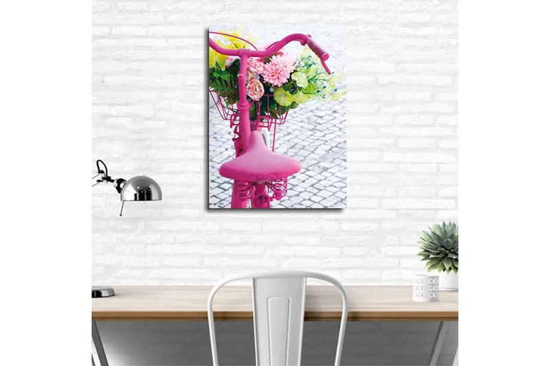 Lite lerretsbilde 30x40 cm - Sykkel med fargerik blomsterkurv - Rosa / Grønn / Gul - Interiør - Maleri & posters - Lerretsbilder