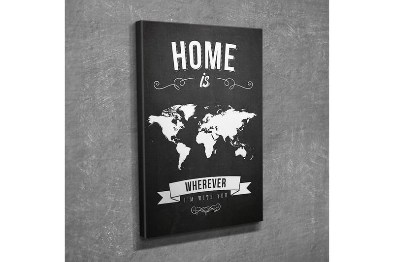 Lite lerretsbilde 30x40 cm - Verdenskart med teksten HOME is WHEREVER I’M WITH YOU, Svart / Hvit