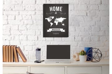 Lite lerretsbilde 30x40 cm - Verdenskart med teksten HOME is WHEREVER I’M WITH YOU - Svart / Hvit - Interiør - Maleri & posters - Lerretsbilder