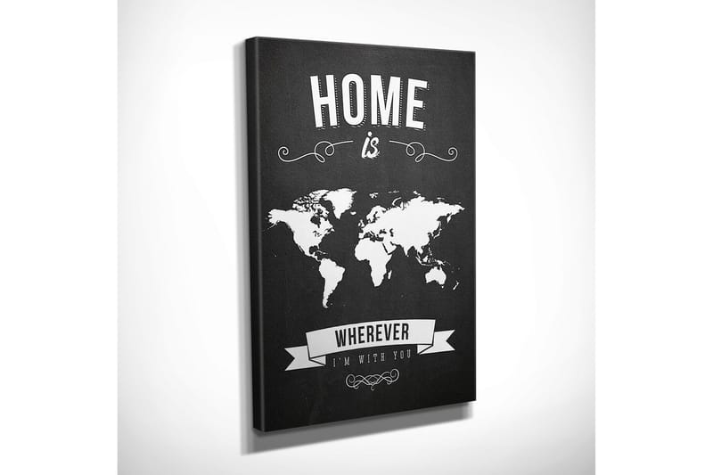 Lite lerretsbilde 30x40 cm - Verdenskart med teksten HOME is WHEREVER I’M WITH YOU - Svart / Hvit - Interiør - Maleri & posters - Lerretsbilder
