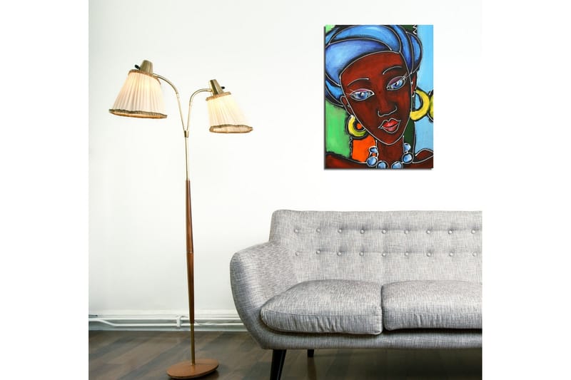 Lite lerretsbilde 30x40 cm - Portrett av en kvinne med fargerik hodepryd og smykker - Mørk rød / Blå / Grønn - Interiør - Maleri & posters - Lerretsbilder