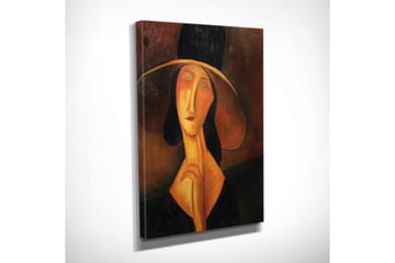 Lite lerretsbilde 30x40 cm - Portrett av en kvinne med stor hatt og et mystisk uttrykk - Svart / Oransje / Brun - Interiør - Maleri & posters - Lerretsbilder