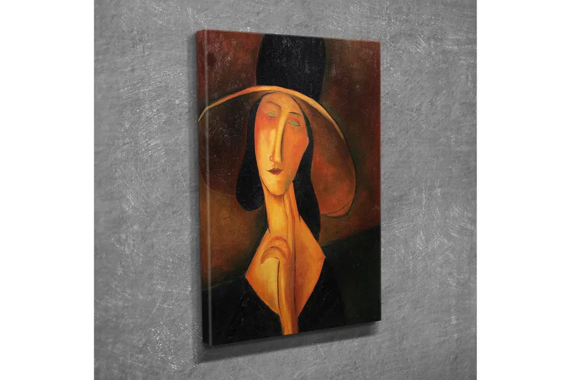 Lite lerretsbilde 30x40 cm - Portrett av en kvinne med stor hatt og et mystisk uttrykk - Svart / Oransje / Brun - Interiør - Maleri & posters - Lerretsbilder