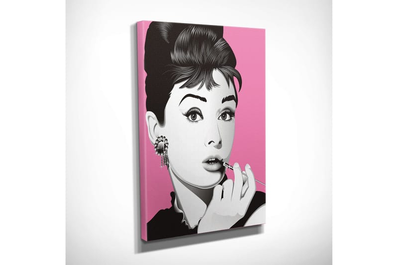 Lite lerretsbilde 30x40 cm - Portrett av en elegant kvinne med leppestift og store øredobber - Rosa / Svart / Hvit - Interiør - Maleri & posters - Lerretsbilder