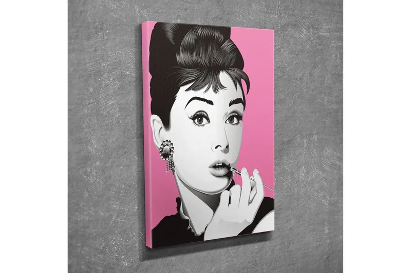 Lite lerretsbilde 30x40 cm - Portrett av en elegant kvinne med leppestift og store øredobber - Rosa / Svart / Hvit - Interiør - Maleri & posters - Lerretsbilder