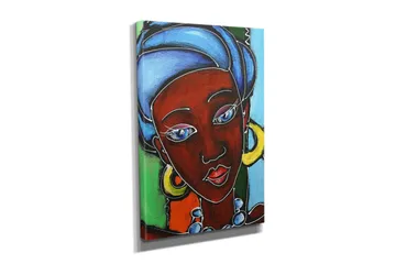 Lite lerretsbilde 30x40 cm - Portrett av en kvinne med fargerik hodepryd og smykker - Mørk rød / Blå / Grønn - Interiør - Maleri & posters - Lerretsbilder