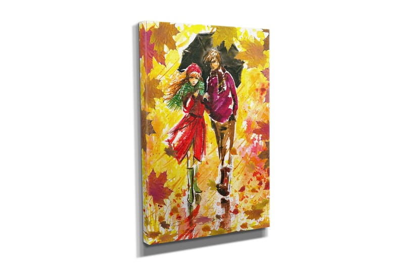 Lite lerretsbilde 30x40 cm - Par som går under en paraply i høstlandskapet - Gul / Rød / Grønn - Interiør - Maleri & posters - Lerretsbilder