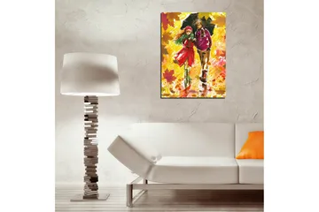 Lite lerretsbilde 30x40 cm - Par som går under en paraply i høstlandskapet - Gul / Rød / Grønn - Interiør - Maleri & posters - Lerretsbilder